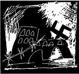 Grafik in Schwarz-Weiß mit stark abstrahierter Port Nigra, einem Stacheldraht und einem angedeuteten Hakenkreuz