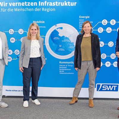Die Bundestagsabgeordneten Verena Hubertz (SPD, 2. v. l.) und Corinna Rüffer (Grüne) informieren sich bei SWT-Vorstand Arndt Müller (links) und OB Wolfram Leibe über das neue Projekt. Foto: SWT