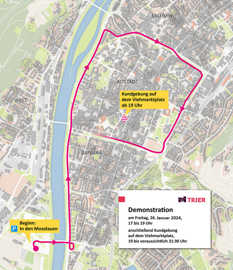 Stadtplanausschnitt mit der genehmigten Route für den Demonstrations-Konvoi am 26. Januar