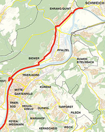 KArtenauszug mit dem geplanten Verlauf der Pendlerradroute innerhalb des Stadtgebiets von Trier.
