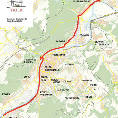 Die Karte zeigt den geplanten Verlauf der Pendlerradroute innerhalb des Stadtgebiets von Trier.