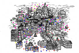Dieses Siegermotiv, welches das diesjährige Altstadtfestplakat schmücken wird, überzeugte die Jury. Zeichnung: Belinda Krottendorfer