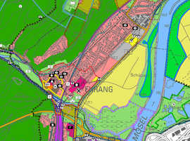 Die Karte zeigt den Stadtteil Ehrang als Ausschnitt aus dem aktuellen Entwurf des Flächennutzungsplans. Grafik: SPA