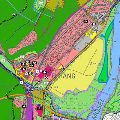 Die Karte zeigt den Stadtteil Ehrang als Ausschnitt aus dem aktuellen Entwurf des Flächennutzungsplans. Hervorgehoben ist eine Auswahl von Flächen, die eine Weiterentwicklung des Stadtteils ermöglichen, darunter auch die zuletzt ergänzte Gewerbefläche G-03 nördlich des Klärwerks. Grafik: SPA