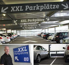 Fotocollage: Hinweise zu den XXL-Parkplätzen im Parkhaus Hauptmarkt