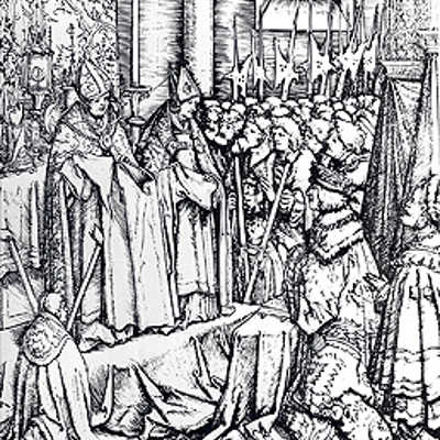 Der Holzschnitt  von Hans Burgkmair d. Ä. (1473-1531) illustriert die Reliquienpräsentation vor dem knienden Kaiser durch zwei Bischöfe. Foto: Bistum Trier