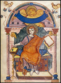 Auf einer Seite der Ada-Handschrift ist der Evangelist Markus mit der Heiligen Schrift zu sehen. 