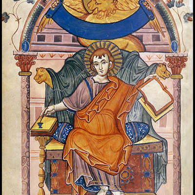 Auf einer Seite der Ada-Handschrift ist der Evangelist Markus mit der Heiligen Schrift zu sehen. Abbildung: Stadtbibliothek