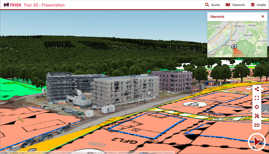 Die Bildschirmaufnahme zeigt ein Baugebiet mit Flächeneinzeichnungen und dreidimensionalen Gebäuden