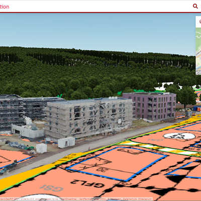 Für das Baugebiet Castelnau-Mattheis werden hier Bilder aus einer Drohnenbefliegung mit dem Bebauungsplan und einem abstrahierten Hintergrund kombiniert. Abbildung: Amt für Bodenmanagement und Geoinformation