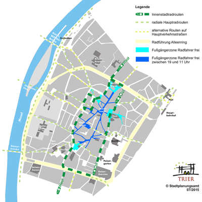 Die Karte zeigt das geplante Radroutennetz in der Trierer Innenstadt mit den Anbindungen in die umgebenden Stadtteile.