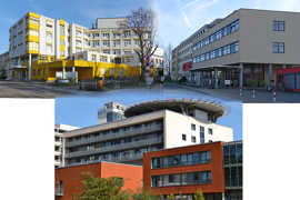 Foto: Das frühere Elisabeth-Krankenhaus (oben, l.) und das Ehranger Marienkrankenhaus (r.) sind jetzt in das Klinikum Mutterhaus (unten) integriert.