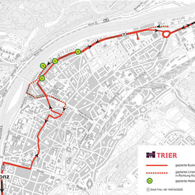 Verlauf der neuen Stadtbuslinie 9 in Trier-Mitte und Trier-Nord. Grafik: Stadt Trier, AB 1540 02/2020