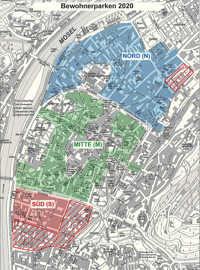 Die Karte zeigt die Abgrenzung der drei neuen Bewohnerparkzonen in Trier. Die geplanten Erweiterungen der Zonen N und S sind rot schraffiert.