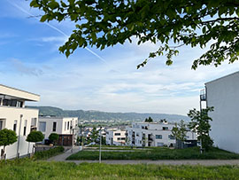 Blick über Rasen und weiße Neubauten ins Tal