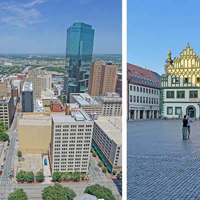 Die Skyline der Innenstadt der texanischen Partnerstadt Fort Worth und der Marktplatz in Weimar mit traditionsreichen Häusern, unter anderem aus der Gotik und Renaissance. Fotos: Austin James/Visit Fort Worth, René Bodemann 