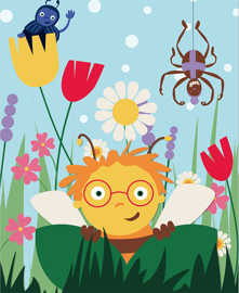 Die Zeichnung zeigt eine lächelnde Biene mit Brille und im Hintergrund Insekten und Blumen