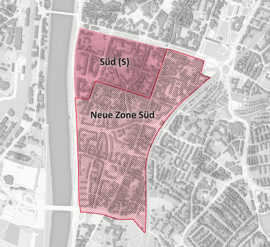 Die Grafik zeigt einen Stadtplanausschnitt von Trier mit der bisherigen und der künftigen Abgrenzung der Bewohnerparkzone Süd.