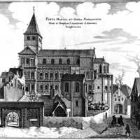 Zu Ehren Simeons wurde die Porta Nigra in eine Doppelkirche umgebaut (Kupferstich von Caspar Merian, ca. 1670). Foto: Stadtmuseum Simeonstift.