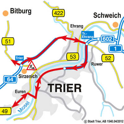 Während der Sperrung auf der Bitburger fließt der Verkehr über die A 64/B 52, die A 602, die Zurmaiener Straße und weiter auf der Moseluferstraße. Karte: Amt für Bodenmanagement und Geoinformation