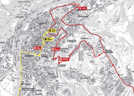 Auf der Karte ist der Verlauf der Etappenankunft am Freitag, 24. August, rot hervorgehoben und für den Start am Samstag in Gelb. 