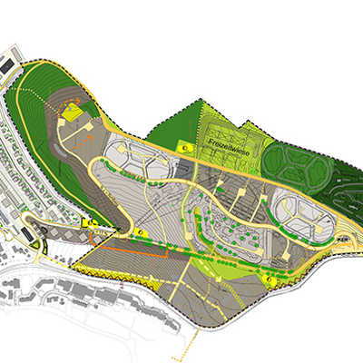 Der Quartiersrahmenplan für das Gebiet Castelnau II zeigt die geplante Verkehrserschließung und die Verteilung von Wohn- und Grünflächen. Abbildung: FIRU