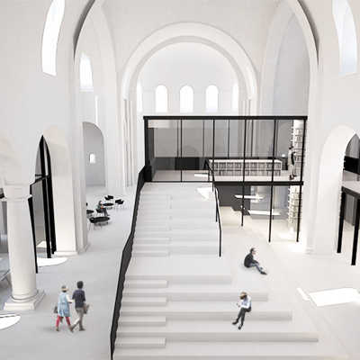 Im Inneren der Pauluskirche könnte nach dem Entwurf der Studierenden Frank Burelbach und Marie Schillo eine Bibliothek entstehen. Deren Zentrum würde sich im Altarraum gegenüber der Empore befinden. Abbildung: Hochschule