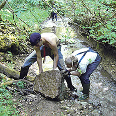 Hier ist Muskelkraft gefragt: Zwei Schüler entfernen einen kleinen Felsen aus dem Sirzenicher Bach, um einen Rückstau zu verhindern. Foto: Porta-Nigra-Schule