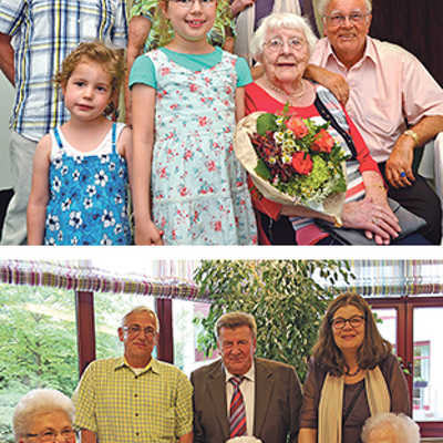 Christine Kündgen (oberes Bild) und Regina Flesch feierten ihren seltenen Geburtstag im Kreis ihrer Familien und Verwandten. Auch die Ortsvorsteher und Bürgermeisterin Birk gratulierten.