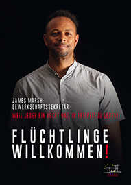 Gewerkschaftssekretär James Marsh, in Trier auch als Basketballer und Musiker bekannt, nimmt an der Plakataktion für Flüchtlinge und Helfer teil. Foto: Thomas Brenner Gewerkschaftssekretär James Marsh, in Trier auch als Basketballer und Musiker bekannt, nimmt an der Plakataktion für Flüchtlinge und Helfer teil. Foto: Thomas Brenner