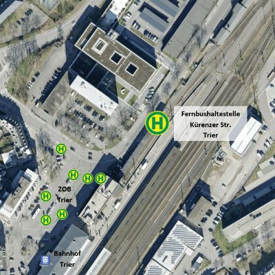Das Luftbild zeigt die Lage der Fernbushaltestelle am Trierer Hauptbahnhof