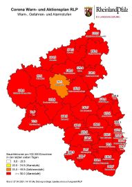 Grafik: 7-Tage-Inzidenz in den Landkreisen und kreisfreien Städten in Rheinland-Pfalz.