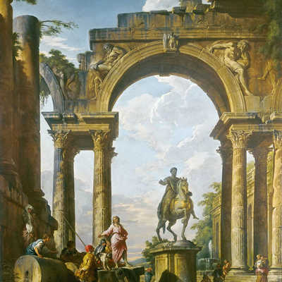 Die Landesausstellung kann unter anderem mit Leihgaben bekannter Museen aus Rom und Kopenhagen aufwarten. Im Stadtmuseum ist dieses eindrucksvolle Gemälde von Marc Aurel als Herrscher auf dem Pferd zu sehen. Es stammt von dem italienischen Maler Giovanni Paolo Pannini (1691–1765). Er gilt als Meister des Capriccio, der Improvisation und Kombination nicht zusammengehöriger architektonischer und skulpturaler Monumente. Abbildung: Gallerie Nazionali d'Arte Antica di Roma