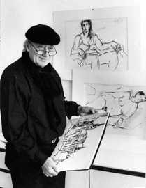 Das schwarz-weiß Foto zeigt den Künstler Jakob Schwarzkopf mit drei seiner Zeichnungen.
