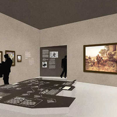 Die Ausstellungsräume im Stadtmuseum beinhalten als Besonderheit eine Medienstation in der Mitte des Raumes, an der beispielsweise Briefe von Marx gelesen werden können. Visualisierung: Bach Dolder Architekten 