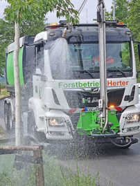 Ein Tankwagen einer von der Stadt beauftragten Firma besprüht eine Späth-Erle an der Sickingenstraße, einer von rund 87.000 Stadtbäumen in Trier. 