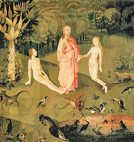 Ein Gobelin, der in der Bosch-Ausstellung in der Viehmarkttherme zu sehen ist, zeigt eine Szene mit Adam und Eva im Paradies. In der Mitte steht im Unterschied zum biblischen Original nicht Gott, sonden Jesus.