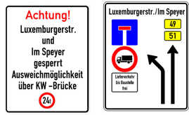 Neue Hinweisschilder, die über die Sperrung Im Speyer informieren: Die linke Tafel ist für die Bitburger Straße und die Bonner Straße vorgesehen. Das rechte Schild soll in der Kölner Straße installiert werden.