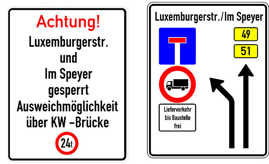 Neue Hinweisschilder, die über die Sperrung Im Speyer informieren: Die linke Tafel ist für die Bitburger Straße und die Bonner Straße vorgesehen. Das rechte Schild soll in der Kölner Straße installiert werden. Neue Hinweisschilder, die über die Sperrung Im Speyer informieren: Die linke Tafel ist für die Bitburger Straße und die Bonner Straße vorgesehen. Das rechte Schild soll in der Kölner Straße installiert werden.