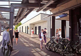 Die Visualisierung zeigt den Blick vom Bahnsteig des Gleises 10 Süd auf das künftige Mehrzweckgebäude mit Fahrradstation.