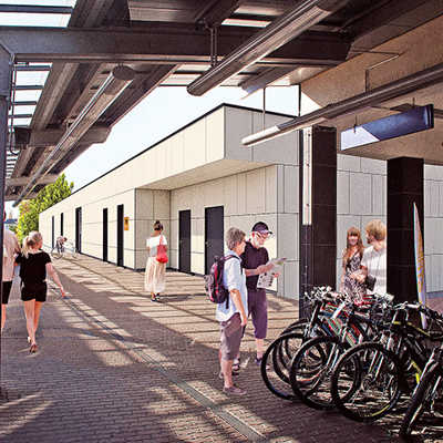 Die Visualisierung zeigt den Blick vom Bahnsteig des Gleises 10 Süd auf das künftige Mehrzweckgebäude mit Fahrradstation. Abbildung: Stadtwerke