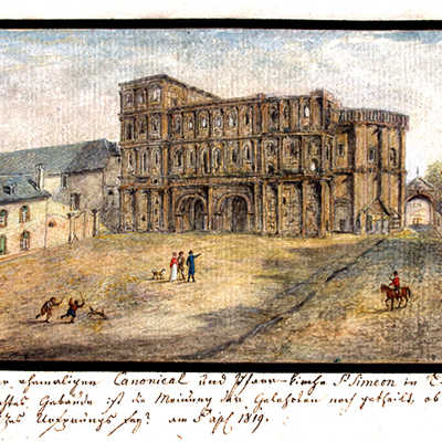 Diese Ansicht der Porta Nigra vor etwa 200 Jahren entstammt dem Aquarellbuch des Grafen von Kesselstatt, das eine Sammlung von 70 farbigen Ansichten aus dem Raum Trier enthält. Abbildung: Stadtbibliothek/A.Runkel