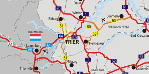 Die Karte zeigt die Möglichkeiten der Anreise nach Trier mit den verschiedenen Verkehrsmitteln.