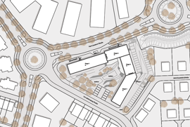 Die Draufsicht zeigt, wie die Wohngebäude auf dem Grundstück zwischen der Karl-Carstens- und von-Babenberg-Straße im Filscher Baugebiet BU 14  einen Innenhof umschließen.