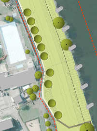 Ein wichtiges Element der Umgestaltung sind die schräg in den Fluss ragenden Steinbuhnen, die über einen Steinplattenweg erreichbar sind (rechts). Grafik: BGH Plan