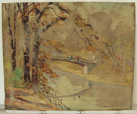 Darstellung der Maria-Hilf-Brücke in Bad Neuenahr-Ahrweiler auf einem Gemälde von Hermann Schmitzbonn