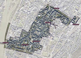 Zu sehen ist ein Luftbild der Trierer Innenstadt mit einem hervorgehobenen Teilgebiet