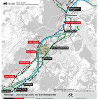 Die Karte zeigt den Verlauf der Eisenbahnlinien und der geplanten Pendlerradroute in Trier und Konz