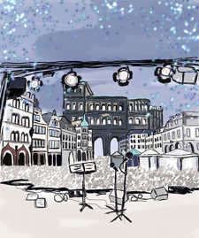 Die Zeichnung zeigt den Blick von einer Konzertbühne über die Simeonstraße zur Porta Nigra