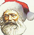 Zeichnung: Karl Marx mit Weihnachtsmannmütze.